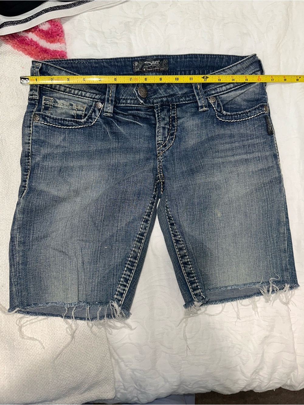 Silver Jeans Women's Faded Blue Denim Bermuda Shorts with Frayed Hem